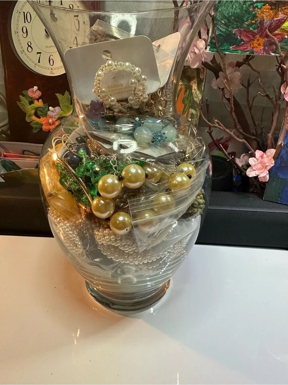 Glass Decorative Vase Filled with Gold and Pearl Accents - Unbranded